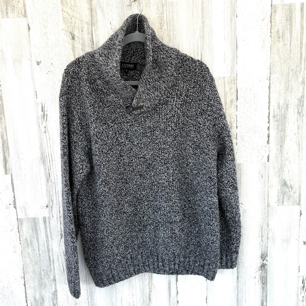 L’UOMO Men’s 1 Button Shawl Neck Sweater Size Large In Black/Gray/White